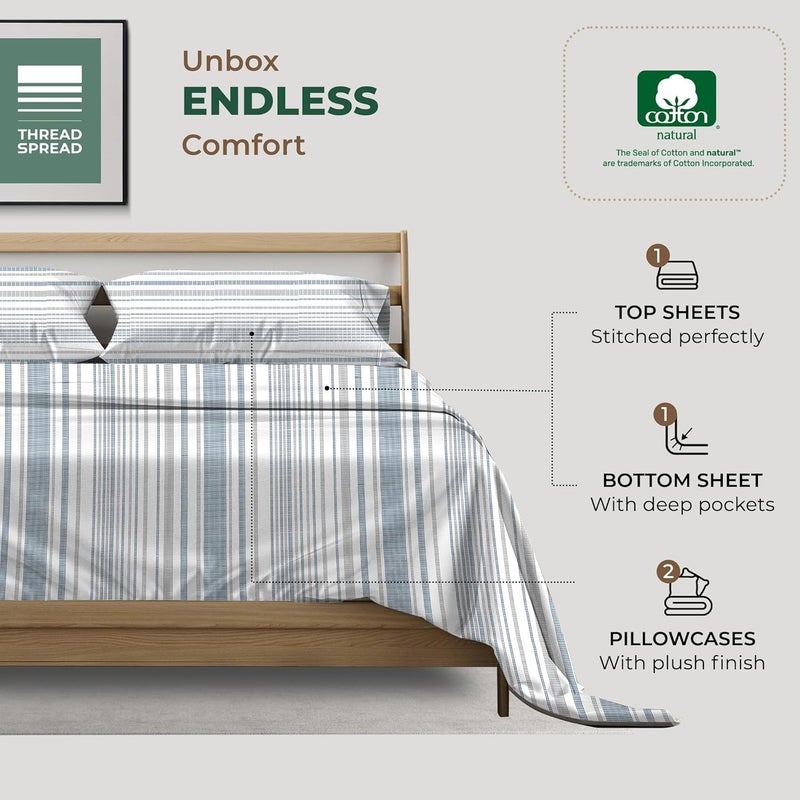 THREAD SPREAD 100% Organic Cotton Printed Sheets Queen Size - 4 PC Organic Cotton Percale Sheets Queen Set (Dotted Stripe), Cooling & Breathable Sheet, 16" Deep Pocket Hotel Bedding - GOTS Certified - Image 3