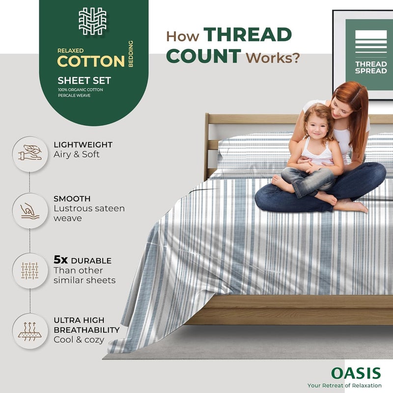 THREAD SPREAD 100% Organic Cotton Printed Sheets Queen Size - 4 PC Organic Cotton Percale Sheets Queen Set (Dotted Stripe), Cooling & Breathable Sheet, 16" Deep Pocket Hotel Bedding - GOTS Certified - Image 5
