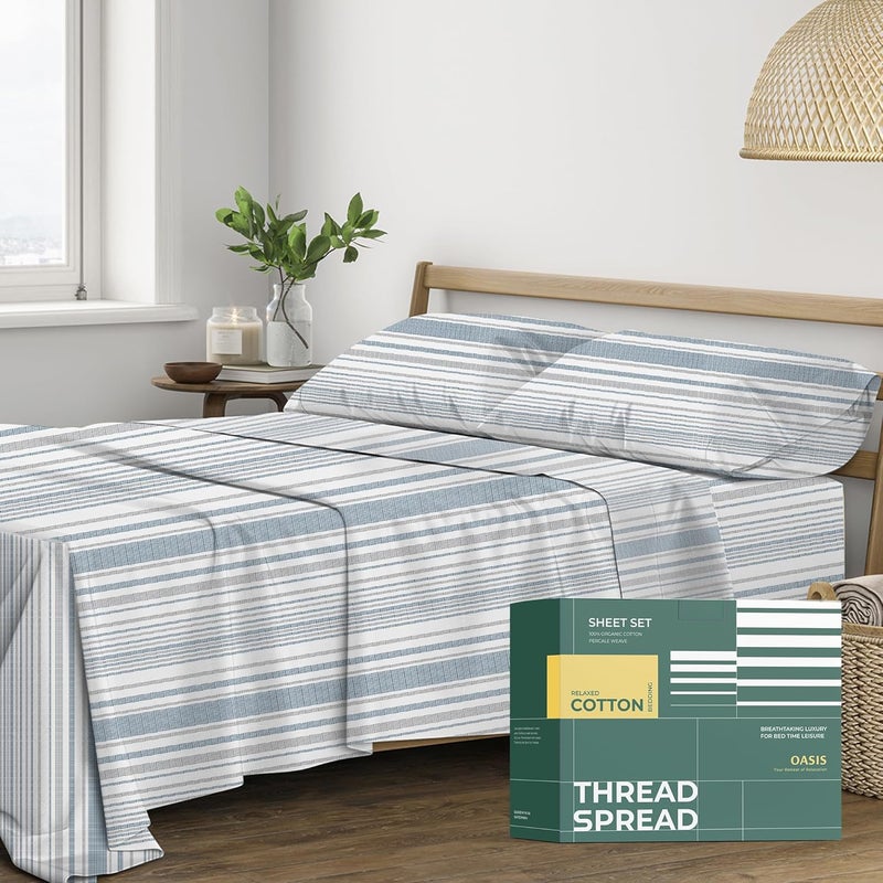 THREAD SPREAD 100% Organic Cotton Printed Sheets Queen Size - 4 PC Organic Cotton Percale Sheets Queen Set (Dotted Stripe), Cooling & Breathable Sheet, 16" Deep Pocket Hotel Bedding - GOTS Certified - Image 1