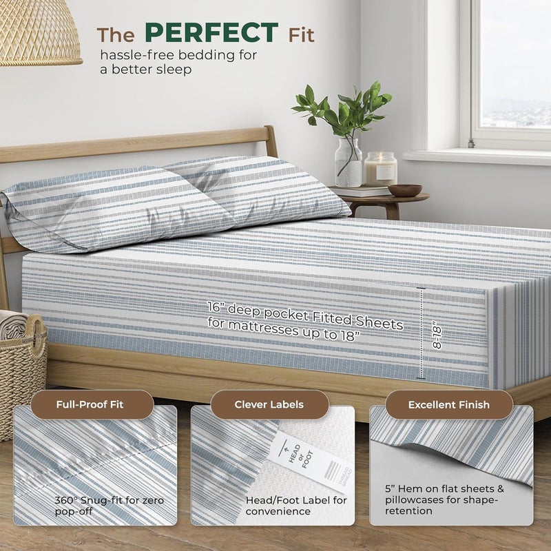 THREAD SPREAD 100% Organic Cotton Printed Sheets Queen Size - 4 PC Organic Cotton Percale Sheets Queen Set (Dotted Stripe), Cooling & Breathable Sheet, 16" Deep Pocket Hotel Bedding - GOTS Certified - Image 4