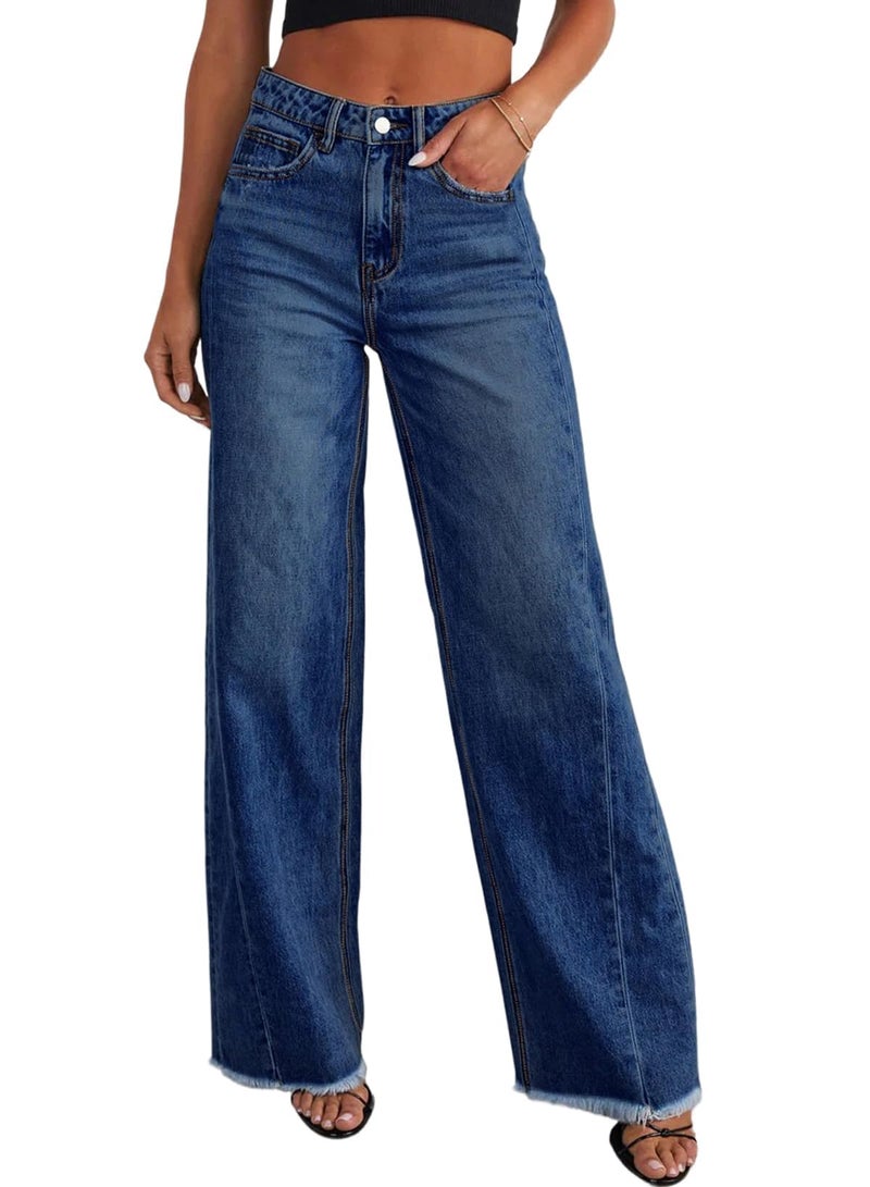 Sidefeel Women's High Waisted Jeans Stretchy Raw Hem Straight Leg Denim Pants Size 2 Deep Blue - Image 1