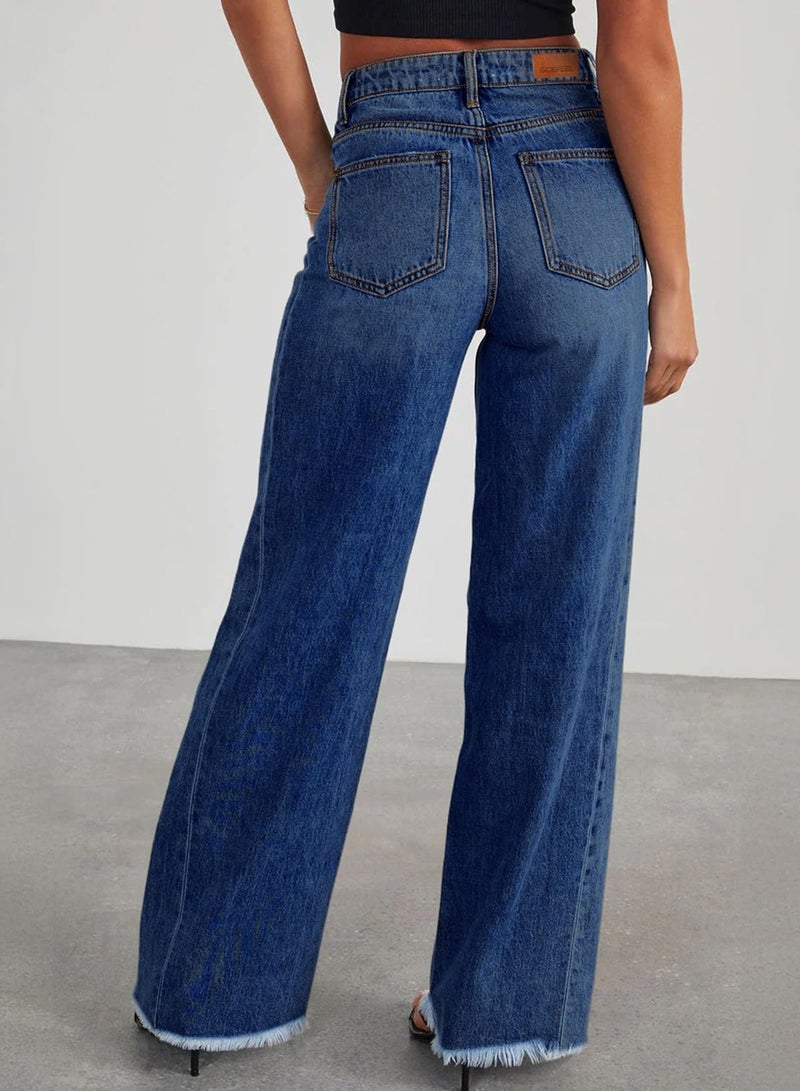Sidefeel Women's High Waisted Jeans Stretchy Raw Hem Straight Leg Denim Pants Size 2 Deep Blue - Image 2