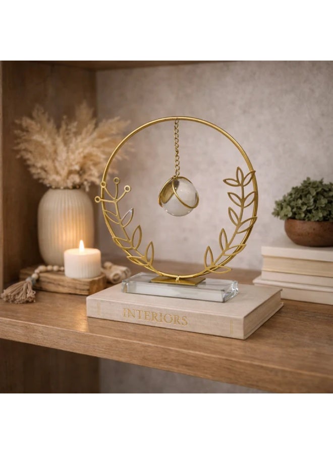 Elegant Gold Circular Decorative Sculpture with Crystal Sphere - Image 1