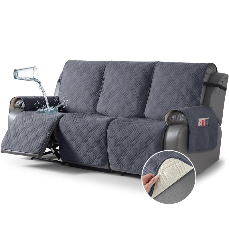 TAOCOCO Waterproof Recliner Sofa Cover Couch Cover for Reclining Couch 3 Seat NonSlip Split Sofa Slipcover 3Pieces with Straps Washable Reclining Sofa Cover for Kids Pets3 Seater Dark Grey