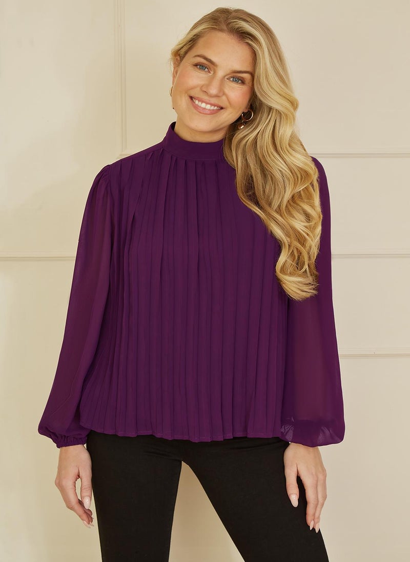 MELA LONDON Plum Pleated Long Sleeve Top With High Neck - Image 1