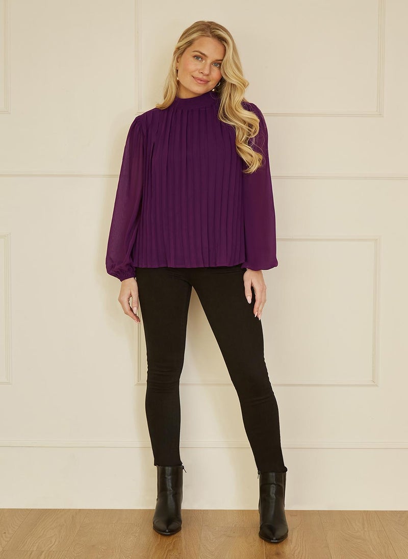 MELA LONDON Plum Pleated Long Sleeve Top With High Neck - Image 2