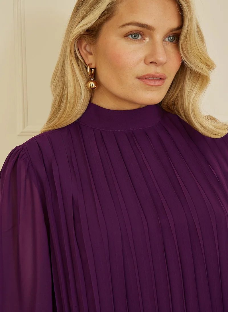 MELA LONDON Plum Pleated Long Sleeve Top With High Neck