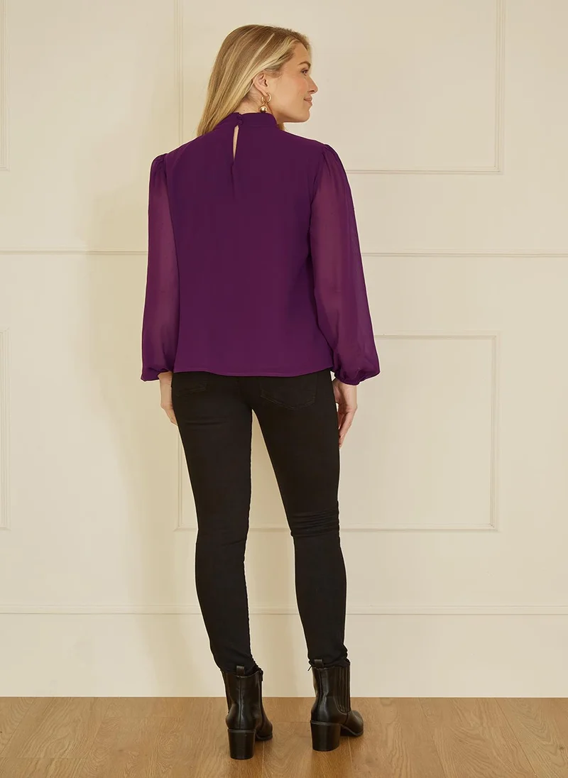 MELA LONDON Plum Pleated Long Sleeve Top With High Neck