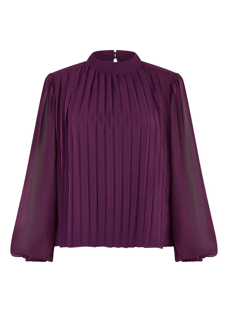 MELA LONDON Plum Pleated Long Sleeve Top With High Neck