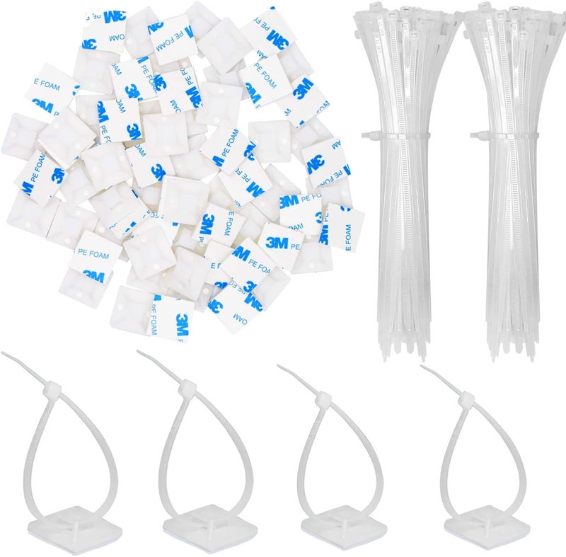 Rythcraft 50 Pack 1.5 inch Zip Tie Adhesive Mounts Self Adhesive Cable Tie Base Holders with Multi-Purpose Tie wire clips with screw hole,Anchor stick on wire holder with 8 inch zip ties（White） - Image 1