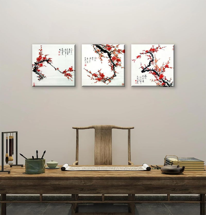NAN Wind Small Size Traditional Chinese Painting of Plum Blossom Canvas Prints 3 Panels Wood Framed Red Plum Blossom Wall Art Plum Flowers Print Painting 30x30cm Each Panel - Image 3