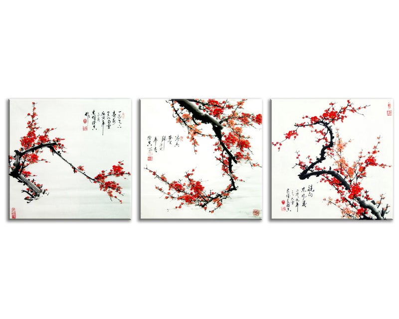 NAN Wind Small Size Traditional Chinese Painting of Plum Blossom Canvas Prints 3 Panels Wood Framed Red Plum Blossom Wall Art Plum Flowers Print Painting 30x30cm Each Panel - Image 2
