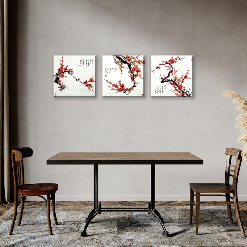 NAN Wind Small Size Traditional Chinese Painting of Plum Blossom Canvas Prints 3 Panels Wood Framed Red Plum Blossom Wall Art Plum Flowers Print Painting 30x30cm Each Panel - Image 5