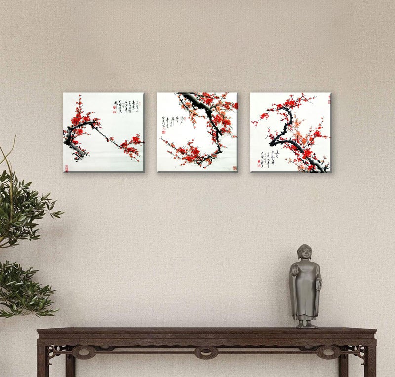 NAN Wind Small Size Traditional Chinese Painting of Plum Blossom Canvas Prints 3 Panels Wood Framed Red Plum Blossom Wall Art Plum Flowers Print Painting 30x30cm Each Panel - Image 4