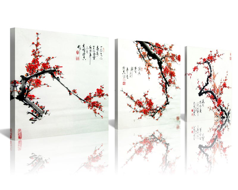 NAN Wind Small Size Traditional Chinese Painting of Plum Blossom Canvas Prints 3 Panels Wood Framed Red Plum Blossom Wall Art Plum Flowers Print Painting 30x30cm Each Panel - Image 1
