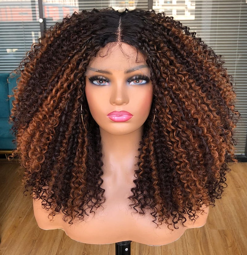 Annivia Annivia Highlight Ombre Curly Lace Front Wigs for Black Women Brown Long Curly Lace Front Wig with Baby Hair HD Lace Fronal Wigs Glueless Synthetic Hair 17inch