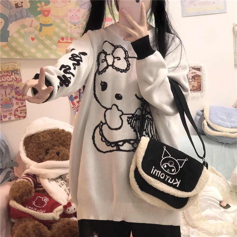 Original Japanese Cute Knit Sweater Warm Round Neck Ivory White [Long Sleeve Sweater]] 