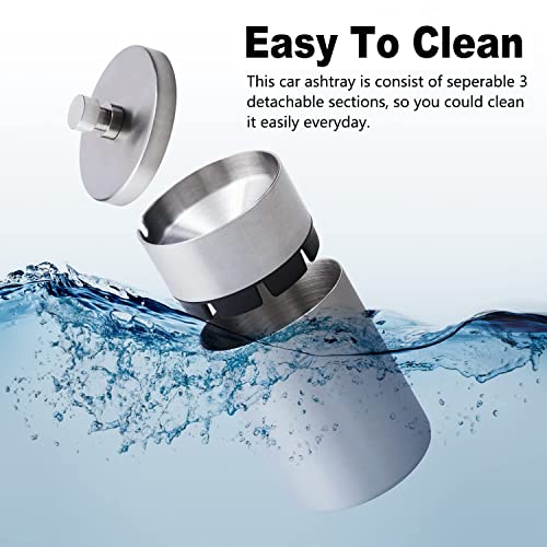 EOCICI Stainless Steel Auto Ashtrays with Lid Car Ashtray Smell Proof Portable Smokeless Detachable Windproof Extinguished Butt Bucket Ash Tray for Car Cup Holder (Silver) - Image 3