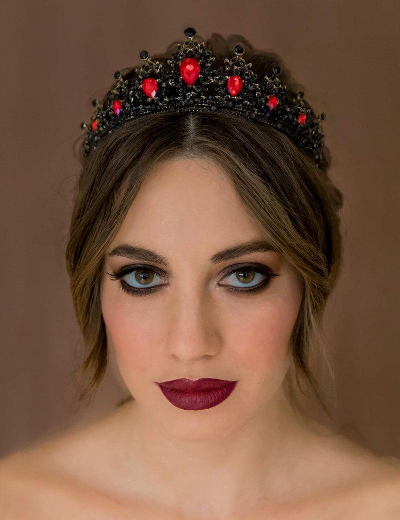SWEETV Jeweled Tiaras and Crowns for Women, Red Crystal Queen Crown, Black Wedding Tiara for Bride, Metal Birthday Quinceanera Pageant Prom Headpieces,Delilah - Image 2