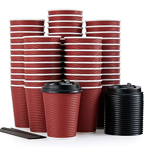 LITOPAK 80 Pack Insulated Ripple Wall 12 oz Disposable Paper Cups Three Layer Insulated Hot Paper Coffee Cups with Lid and Straws for Parties Picnics and Travel - Image 2
