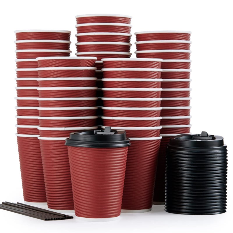 LITOPAK 80 Pack Insulated Ripple Wall 12 oz Disposable Paper Cups Three Layer Insulated Hot Paper Coffee Cups with Lid and Straws for Parties Picnics and Travel - Image 3
