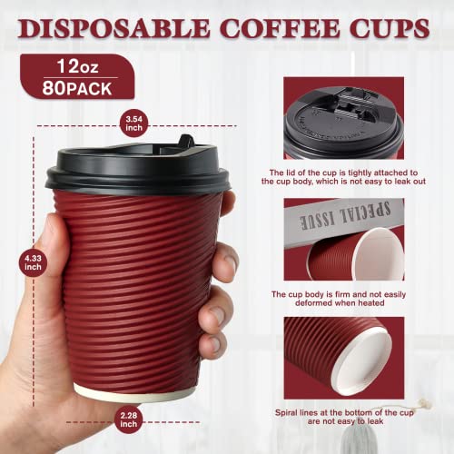 LITOPAK 80 Pack Insulated Ripple Wall 12 oz Disposable Paper Cups Three Layer Insulated Hot Paper Coffee Cups with Lid and Straws for Parties Picnics and Travel - Image 5