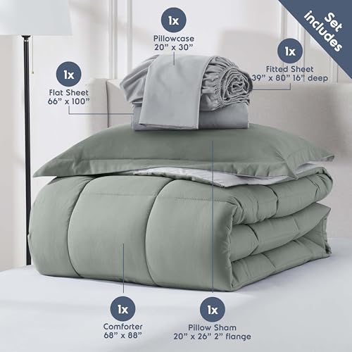 Nestl 5 Piece Twin XL Comforter Set – Sage Green Reversible Bed in a Bag – Complete Twin XL Size Bedding Set with Sheets, Pillowcase and Sham - Image 4