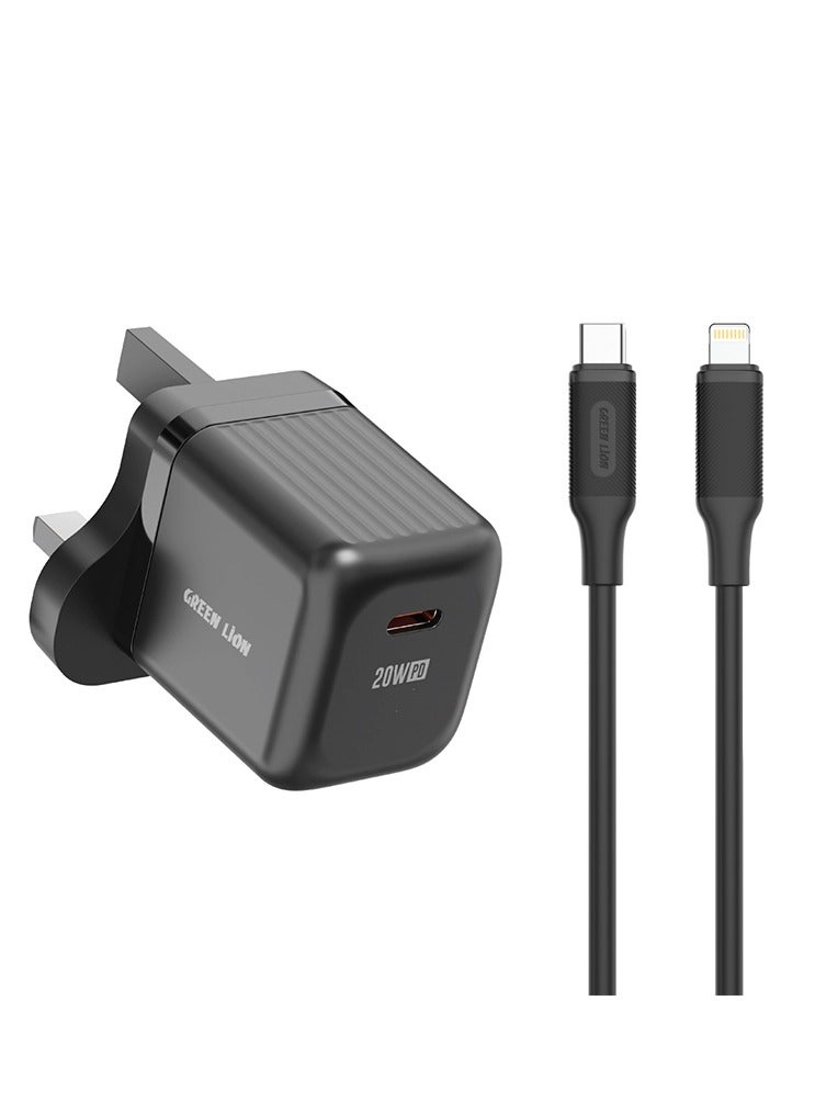 GREEN LION Ultra Compact GaN Wall Charger UK Pin USB-C PD 20W with Type-C to Lightning Cable / Charging Protection / Compact Lightweight Travel Friendly / Secure and Stable Charger for Home & Office - Black - Image 1