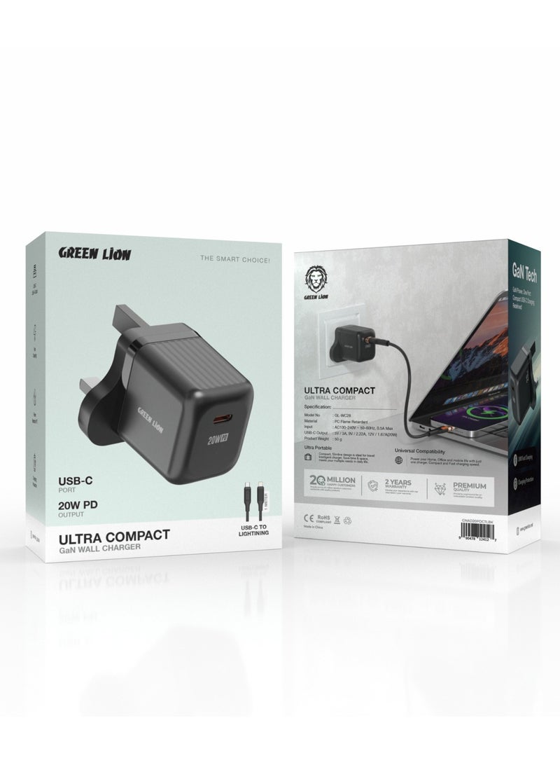 GREEN LION Ultra Compact GaN Wall Charger UK Pin USB-C PD 20W with Type-C to Lightning Cable / Charging Protection / Compact Lightweight Travel Friendly / Secure and Stable Charger for Home & Office - Black - Image 5
