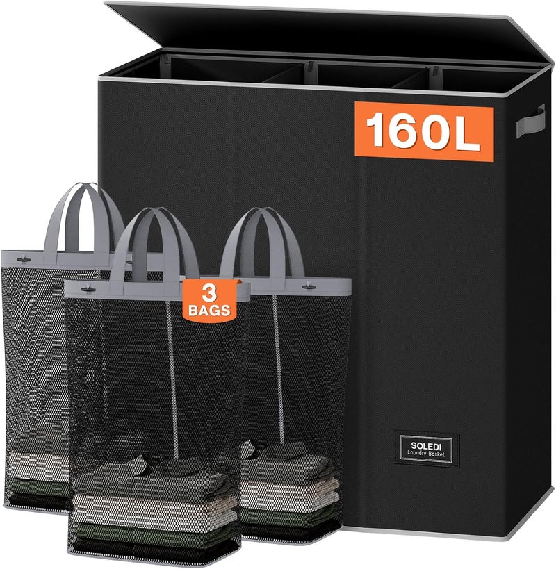 SOLEDI 160L Laundry Basket, Laundry Hamper, 3 Compartments with Lid and 3 Laundry Bags, Laundry Sorter Large XXXL for Bathroom, Bedroom, Laundry Room, Children's Room - Image 1