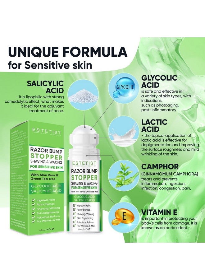 Estetist Razor Bump Stopper For Sensitive Skin - Ingrown Hair Treatment For Face, Underarm, Bikini Area, Legs, After Shave Roll On Moisturizer Serum With Aloe Vera, Tea Tree, Salicylic & Glycolic Acid - Image 2