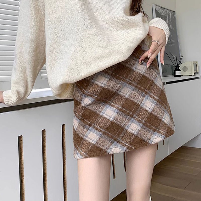 Contrast Color Plaid Woolen Skirt Womens Spring and Autumn chubby girl plus size Slimming Skirt College Woolen A- Line Hip Skirt khaki interior safety pants/elastic waist
