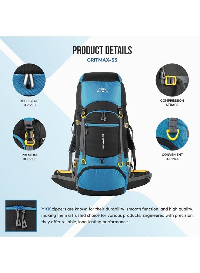 Trawoc حقيبة سفر TRAWOC GRITMAX سعة 55 لتر، حقيبة ظهر تفتح من الأمام والأعلى للمشي والتخييم، حقيبة ظهر للرجال والنساء مع غطاء مطري وحيز للأحذية SHK017، أزرق سماوي، ضمان 3 سنوات - Image 2