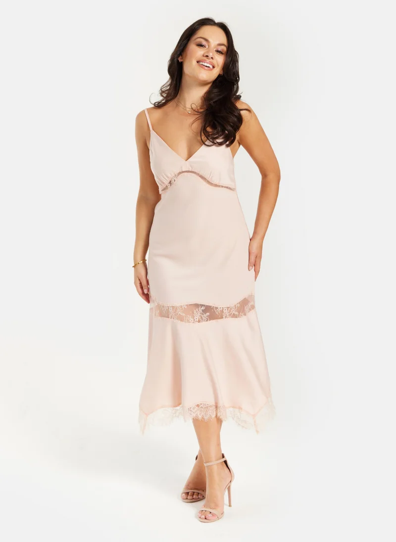 Liquorish Fine Lace Detail Strip Midi Dress Nude