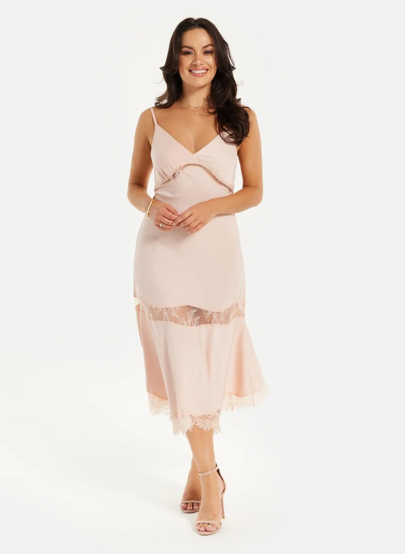 Liquorish Fine Lace Detail Strip Midi Dress Nude