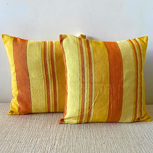RANGBHAR Handloom Cotton Cushion Covers with Concealed Top Zip, Striped/Solid Cushion Covers for Living Room, 16 x 16 inch, Yellow, Pack of 2 - Image 4