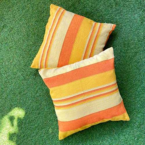 RANGBHAR Handloom Cotton Cushion Covers with Concealed Top Zip, Striped/Solid Cushion Covers for Living Room, 16 x 16 inch, Yellow, Pack of 2 - Image 5