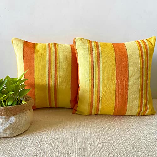 RANGBHAR Handloom Cotton Cushion Covers with Concealed Top Zip, Striped/Solid Cushion Covers for Living Room, 16 x 16 inch, Yellow, Pack of 2 - Image 2