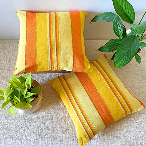 RANGBHAR Handloom Cotton Cushion Covers with Concealed Top Zip, Striped/Solid Cushion Covers for Living Room, 16 x 16 inch, Yellow, Pack of 2 - Image 3