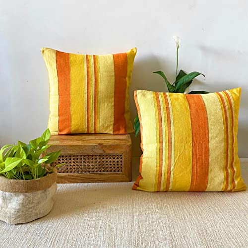 RANGBHAR Handloom Cotton Cushion Covers with Concealed Top Zip, Striped/Solid Cushion Covers for Living Room, 16 x 16 inch, Yellow, Pack of 2 - Image 1