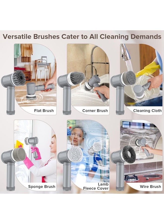 Electric Spin Scrubber, Household Cleaning Brushes, Electric Scrubber for Bathroom, Handheld Spin Scrubber with 6 Replaceable Heads, Cordless Cleaning Brush for Cleaning Shower, Floor, Grout, Tub (Gray)