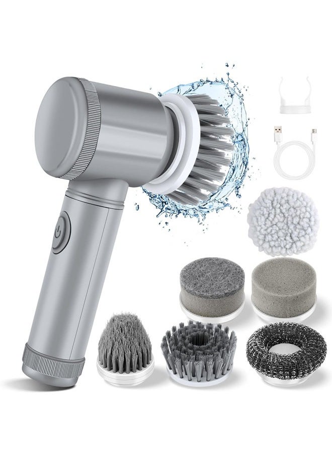 Electric Spin Scrubber, Household Cleaning Brushes, Electric Scrubber for Bathroom, Handheld Spin Scrubber with 6 Replaceable Heads, Cordless Cleaning Brush for Cleaning Shower, Floor, Grout, Tub (Gray)