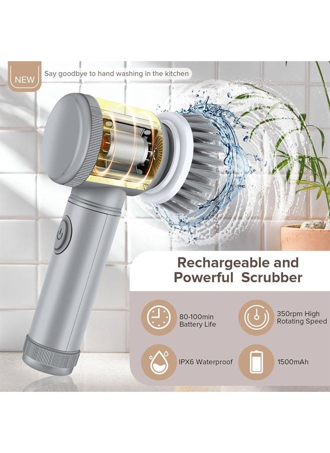 Electric Spin Scrubber, Household Cleaning Brushes, Electric Scrubber for Bathroom, Handheld Spin Scrubber with 6 Replaceable Heads, Cordless Cleaning Brush for Cleaning Shower, Floor, Grout, Tub (Gray)