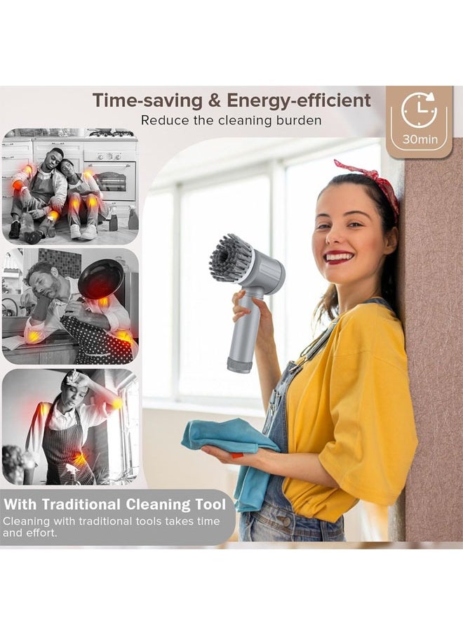 Electric Spin Scrubber, Household Cleaning Brushes, Electric Scrubber for Bathroom, Handheld Spin Scrubber with 6 Replaceable Heads, Cordless Cleaning Brush for Cleaning Shower, Floor, Grout, Tub (Gray)