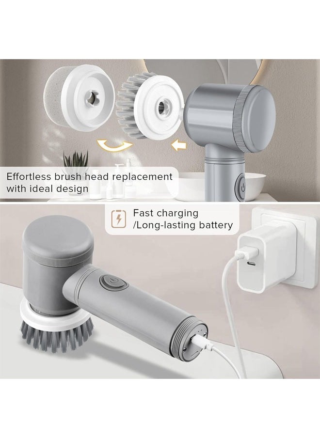 Electric Spin Scrubber, Household Cleaning Brushes, Electric Scrubber for Bathroom, Handheld Spin Scrubber with 6 Replaceable Heads, Cordless Cleaning Brush for Cleaning Shower, Floor, Grout, Tub (Gray)
