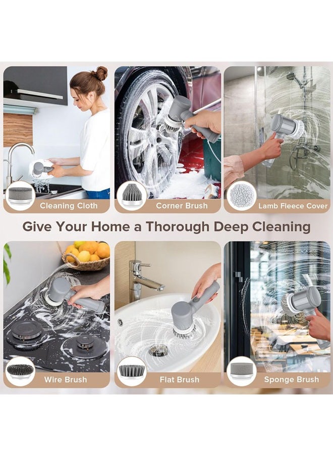 Electric Spin Scrubber, Household Cleaning Brushes, Electric Scrubber for Bathroom, Handheld Spin Scrubber with 6 Replaceable Heads, Cordless Cleaning Brush for Cleaning Shower, Floor, Grout, Tub (Gray)