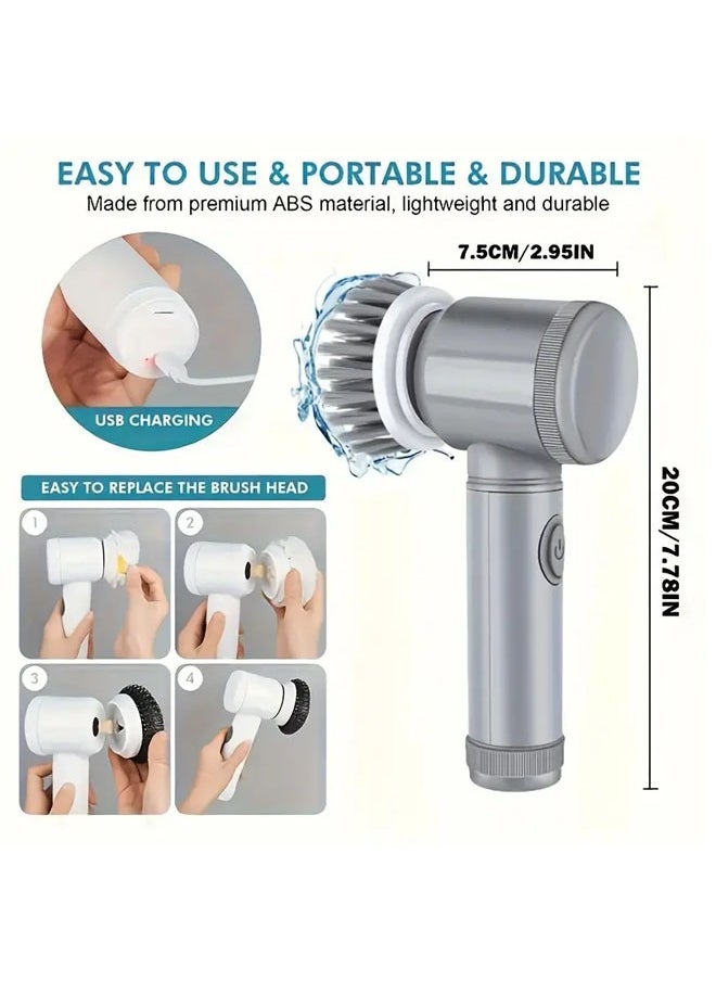 Electric Spin Scrubber, Household Cleaning Brushes, Electric Scrubber for Bathroom, Handheld Spin Scrubber with 6 Replaceable Heads, Cordless Cleaning Brush for Cleaning Shower, Floor, Grout, Tub (Gray)