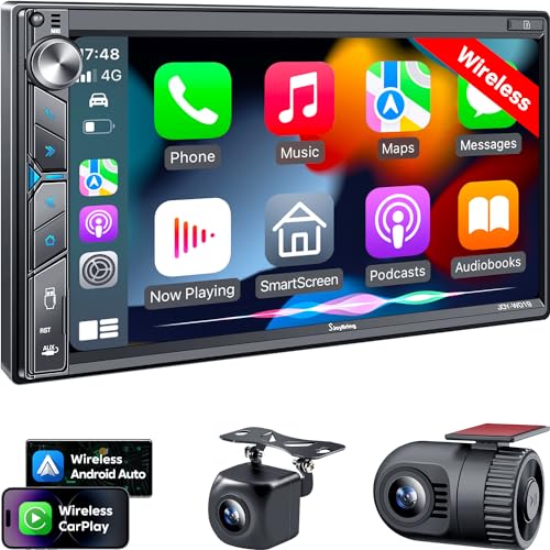 SJoyBring Upgrade Wireless Double Din Car Stereo with Apple Carplay, Android Auto, Dash Cam, Bluetooth, 4-Channel RCA, 2 Subwoofer Ports, 7" HD Capacitive Touchscreen Car Radio, 60W*4, Backup Camera - Image 1