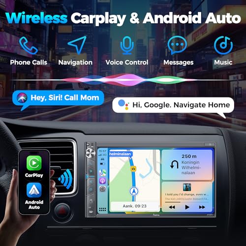 SJoyBring Upgrade Wireless Double Din Car Stereo with Apple Carplay, Android Auto, Dash Cam, Bluetooth, 4-Channel RCA, 2 Subwoofer Ports, 7" HD Capacitive Touchscreen Car Radio, 60W*4, Backup Camera - Image 2