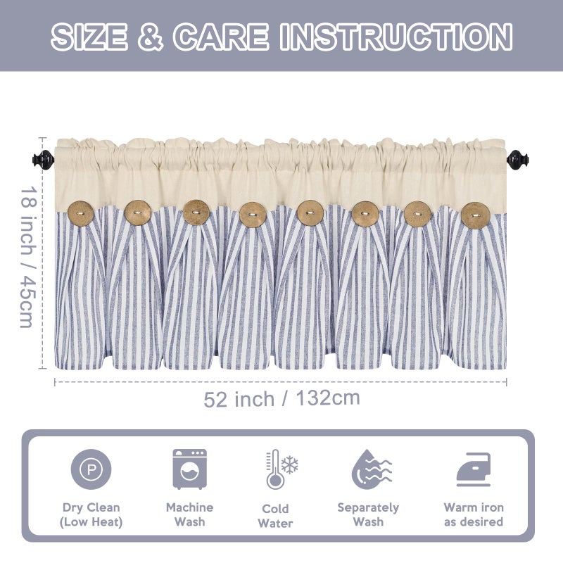 ASPMIZ Cotton Linen Kitchen Valance Curtains, Boho Rustic Button Valances for Windows Farmhouse Style, Blue Stripe Window Valances for Bathroom Cafe, Tie Up Valance for Kitchen Windows, 52 x 18 Inch - Image 5